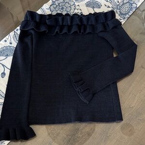 White House Black Market Navy Off-the-Shoulder Ruffle Sweater